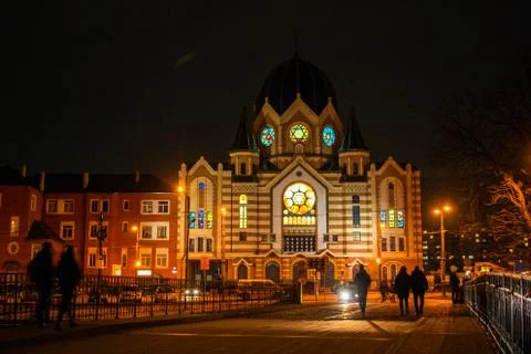 Facade of the synagogue building at evening Stock Photos