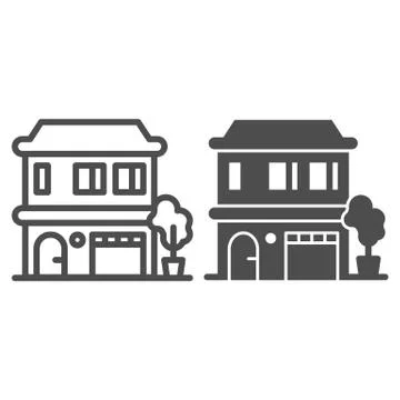 Facade of two storey house and tree line and solid icon, exterior design concept Stock Illustration