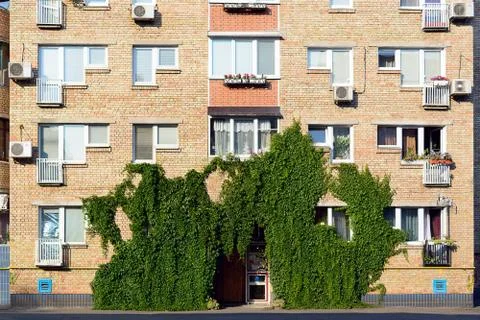 Facade of the two-storey white brick building Stock Photos