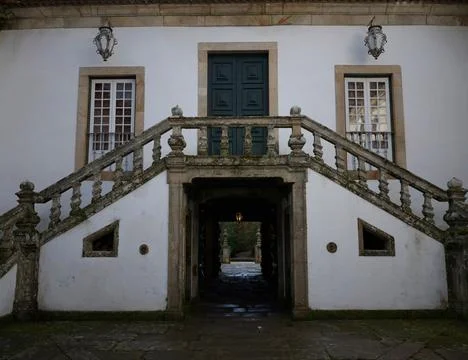 Facade with two windows and staircase, Portugal Stock Photos