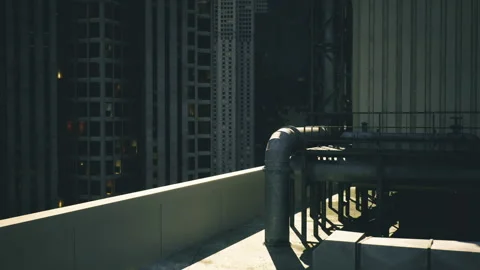 Facade with ventilation. Overlooking skyscraper group with functional elements Stock Footage 340666710