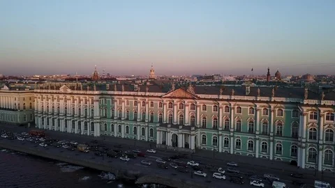 Facade of Winter Palace (State Hermitage Museum) and embankment of Neva river Stock Footage 73818842