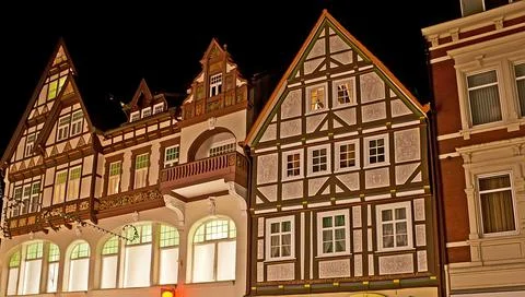 The facades of historic edifices in Hamelin, Germany Stock Photos
