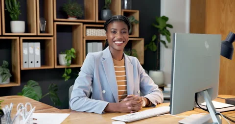 Face, about us and black woman in office with computer, smile or confident Stock Footage 342328987