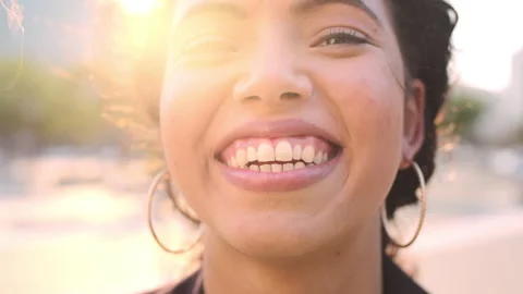Face, about us and happy businesswoman in city, funny accountant and worker with Stock Footage 336647487
