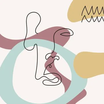 Face with abstract shapes, lines, zigzag in line art style are isolated. Stock Illustration