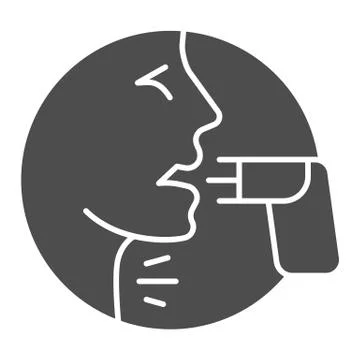 Face and asthma inhaler solid icon, Allergy concept, Applying inhalant sign on Stock Illustration