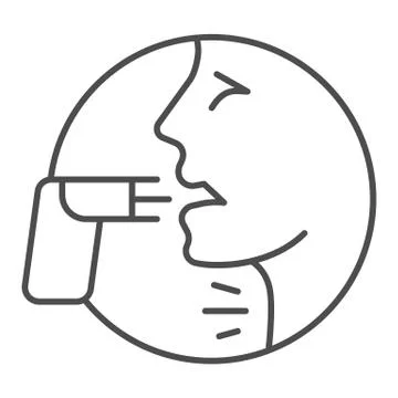 Face and asthma inhaler thin line icon, Allergy concept, Applying inhalant sign Stock Illustration