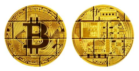 Face and back of bitcoin consisting of bricks Stock Photos