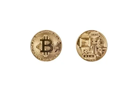 Face and back side of cryptocurrency coin bitcoin isolated on white backgroun Foto stock