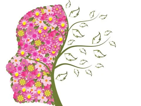 Face and tree made of flowers Stock Illustration