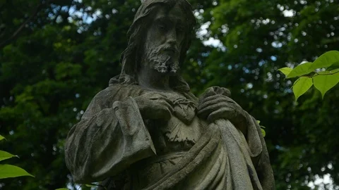 Face of an antique statue of Jesus Christ on a background of green leaves Stock Footage