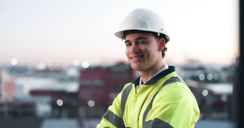 Face, architect and happy man in city for construction, pride or professional Stock Footage 340001291