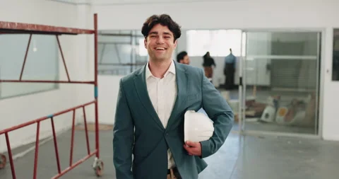 Face, architect and man at site with helmet, smile and pride for commercial Stock Footage 341559592