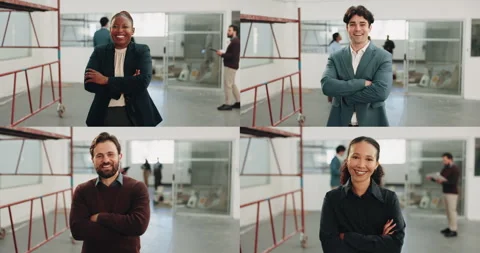Face, architect and people at construction site with arms crossed, smile and Stock Footage 341562561