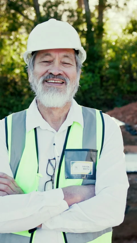 Face, architect or man at construction site with arms crossed, smile or pride Stock Footage 340450006