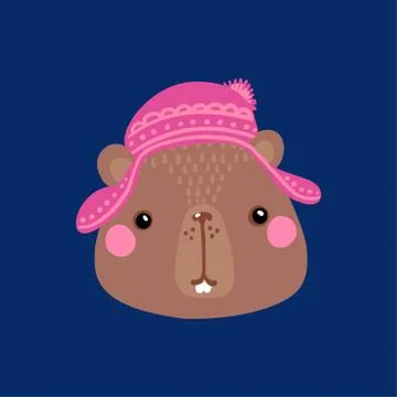 The face of a bear in a winter hat. Cute animal beaver. Illustrazione stock