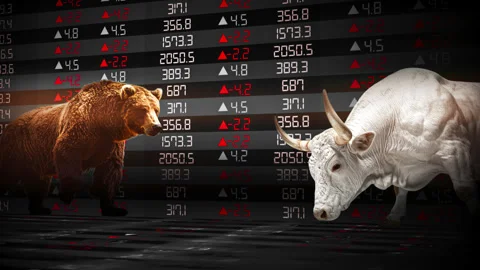 Face-Off Between a Bull and a Bear, Symbolizing Market Trends Stock-Footage 314424687
