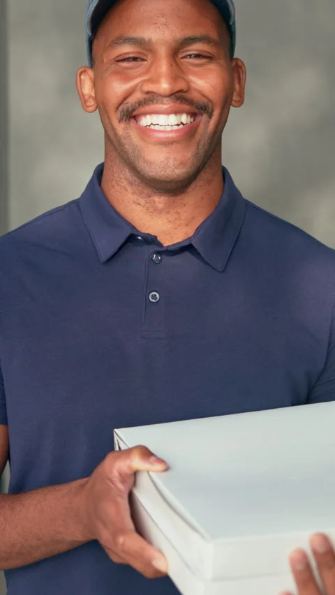 Face, box and black man with pizza delivery for online order, snack time or meal Stock Footage 340754377