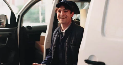 Face, boxes and man in delivery van with smile, logistics or distribution for Stock Footage 341569123