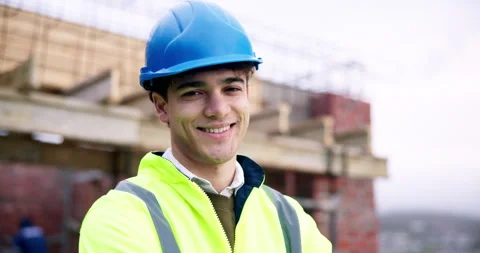 Face, builder and happy man at construction site with architecture, development Vídeos de archivo 337026213