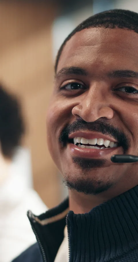 Face, call center and man in workplace for communication, contact us and Stock Footage 342833520