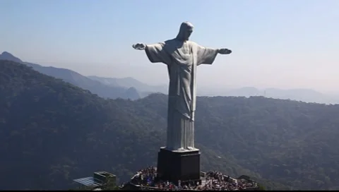 Face of Christ the Redeemer Aerial Rio de Janeiro Brazil flight FULL HD 1080P Stock Footage