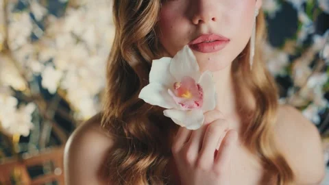 Face close-up shot female full lips natural beauty holiday make-up, trendy color Stock Footage 310627591