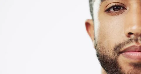 Face, closeup and man in studio for skincare, against white background. Zoom and Stock Photos