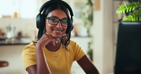 Face, coder and computer with woman at home for freelance developer, gaming Stock Footage 300938868