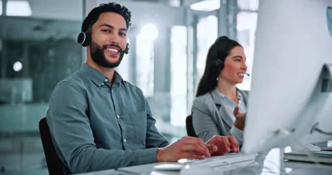 Face, computer and businessman with headset in office, laughing and confident Stock Footage 336306247