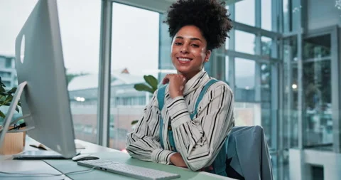 Face, computer and happy with business woman in office for web design, ui Stock Footage 310768930
