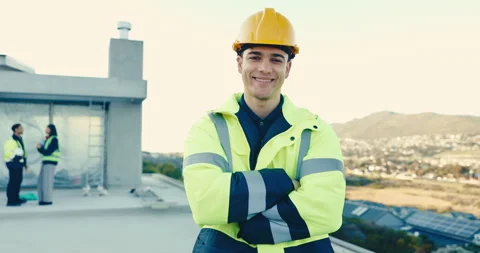 Face, construction worker and man with confidence outdoor, property development Stock Footage 345571810