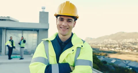 Face, construction worker and man with arms crossed outdoor, property building Stock Footage 345572569