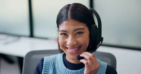 Face, consultant and headset with computer in office for loan assistance Stock Footage 335819028