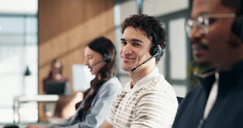 Face, contact us and man at help desk in call center for technical support 動画素材 340608782