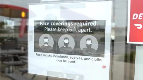 Face Coverings Required - Please Keep 6 Ft Apart Signage Stock Footage 135349322