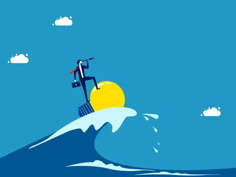 Face crises with vision and knowledge. Businessman surfing the ocean waves wi Stock Illustration