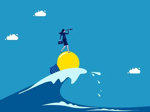Face crises with vision and knowledge. Businesswoman surfing the ocean waves  Stock Illustration