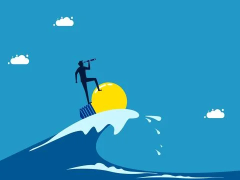 Face crises with vision and knowledge. man surfing the ocean waves with a lig Stock Illustration
