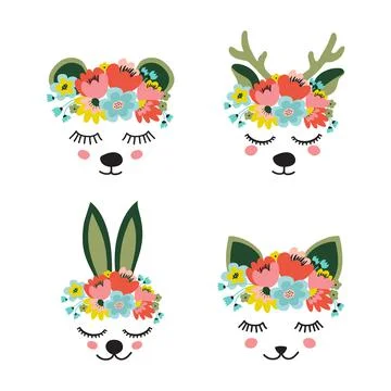 The face of a cute deer, hare, kitten and bear, a wreath of flowers on his he Stock-Illustration