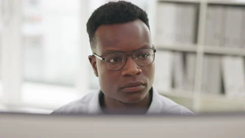 Face, cyber security or serious black man programmer for thinking, coding or UX 스톡 동영상 232700354