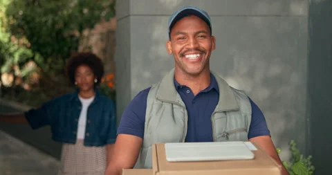 Face, delivery man and package with smile for logistics, shipping and ecommerce Stock Footage 337448583