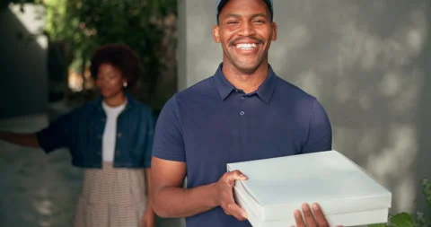 Face, delivery man and pizza box with smile for fast food, takeout and ecommerce Stock Footage 337541955