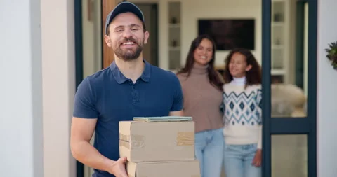 Face, delivery man or tablet on boxes at family house for parcel distribution Stock Footage 335776358