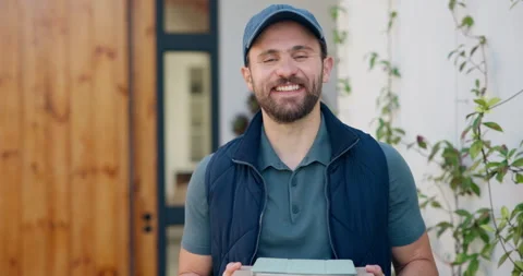 Face, delivery man or tablet on boxes at house for parcel distribution Stock Footage 335785065