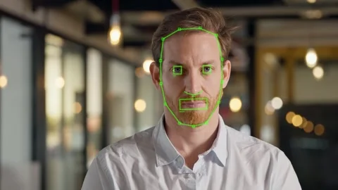 Face detection algorithm AI technology recognizing facial features of human Stock Footage 304125430
