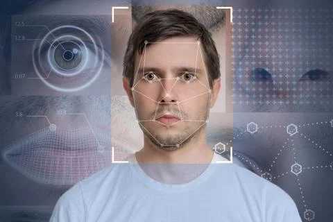 Face detection and recognition of man. Computer vision and machine learning c Stock Photos