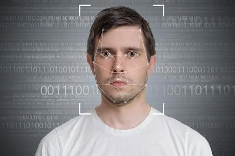 Face detection and recognition of man. Computer vision concept. Binary code i Stock Photos