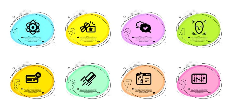 Face detection, Dj controller and Cashback icons set. Credit card, Atom and Stock Illustration